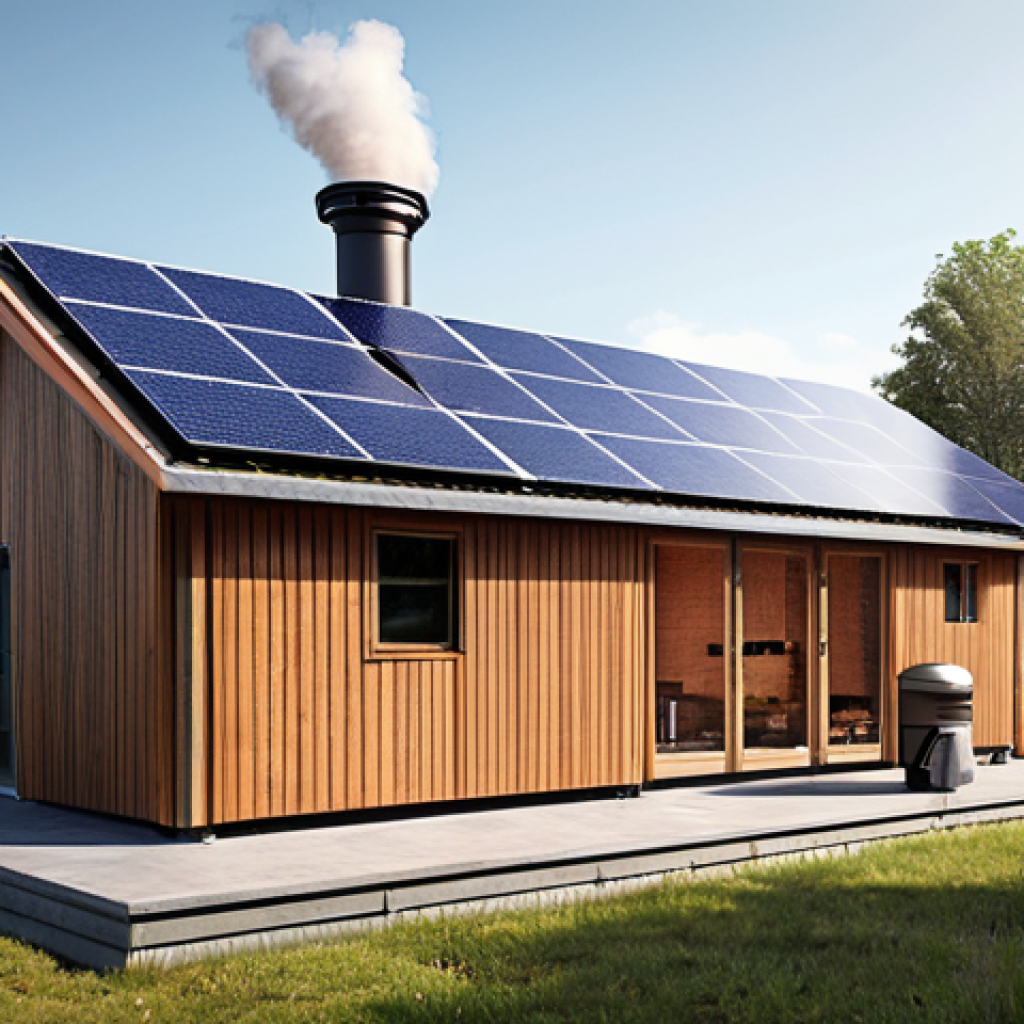 **A modern, sustainable smokehouse:** Depict a small, local Räucherei (smokehouse) powered entirely by solar panels. Show the exterior with solar panels on the roof and the interior with modern smoking equipment and filters. The smokehouse should appear clean, efficient, and environmentally friendly, emphasizing sustainability.