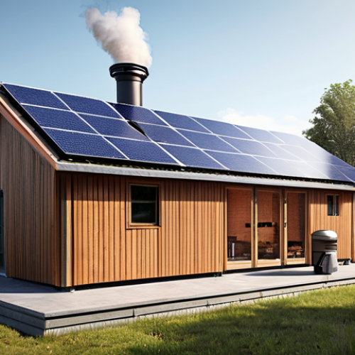 **A modern, sustainable smokehouse:** Depict a small, local Räucherei (smokehouse) powered entirely by solar panels. Show the exterior with solar panels on the roof and the interior with modern smoking equipment and filters. The smokehouse should appear clean, efficient, and environmentally friendly, emphasizing sustainability.