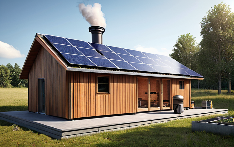 **A modern, sustainable smokehouse:** Depict a small, local Räucherei (smokehouse) powered entirely by solar panels. Show the exterior with solar panels on the roof and the interior with modern smoking equipment and filters. The smokehouse should appear clean, efficient, and environmentally friendly, emphasizing sustainability.