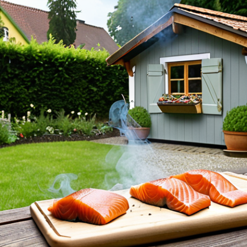 **

A close-up shot of a smoker in a lush German garden. Smoke gently rises from the opening, swirling around freshly smoked salmon fillets laid out on a wooden plank. The salmon has a rich, golden hue, showcasing the effects of cold smoking. Focus on the texture of the fish and the inviting aroma of the smoke. In the background, a glimpse of well-tended flowers and a traditional German "Gartenlaube" (garden shed) adds to the idyllic scene.

**