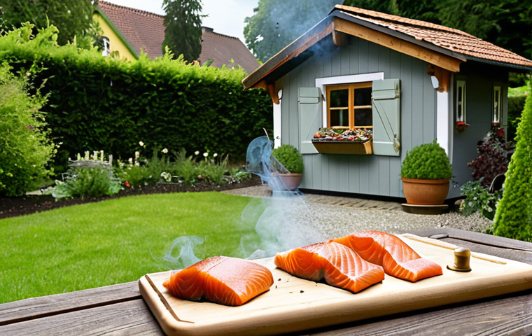 **

A close-up shot of a smoker in a lush German garden. Smoke gently rises from the opening, swirling around freshly smoked salmon fillets laid out on a wooden plank. The salmon has a rich, golden hue, showcasing the effects of cold smoking. Focus on the texture of the fish and the inviting aroma of the smoke. In the background, a glimpse of well-tended flowers and a traditional German "Gartenlaube" (garden shed) adds to the idyllic scene.

**
