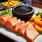 A close-up, high-angle shot showcasing a diverse gourmet platter of smoked delicacies. Dominant elements include perfectly sliced, glistening cold-smoked salmon, alongside rich, golden-brown artisanal smoked cheese, crunchy smoked almonds, and vibrant, subtly charred smoked bell peppers and tofu. Delicate wisps of smoke gently curl in the background, emphasizing the artistry of the smoking process. The lighting is warm and inviting, highlighting the textures and rich colors, embodying a fusion of traditional craftsmanship and modern culinary innovation.