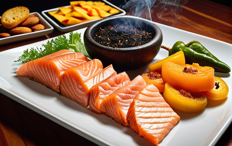 A close-up, high-angle shot showcasing a diverse gourmet platter of smoked delicacies. Dominant elements include perfectly sliced, glistening cold-smoked salmon, alongside rich, golden-brown artisanal smoked cheese, crunchy smoked almonds, and vibrant, subtly charred smoked bell peppers and tofu. Delicate wisps of smoke gently curl in the background, emphasizing the artistry of the smoking process. The lighting is warm and inviting, highlighting the textures and rich colors, embodying a fusion of traditional craftsmanship and modern culinary innovation.