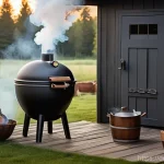 훈제 기법의 맛과 향의 과학 - **"A serene outdoor scene featuring a classic, well-maintained barrel smoker at dawn. Gently billowi...