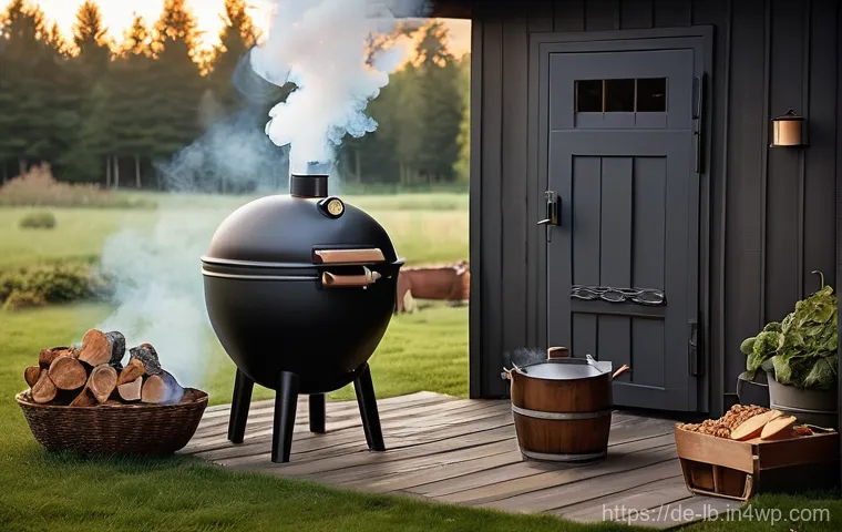 훈제 기법의 맛과 향의 과학 - **"A serene outdoor scene featuring a classic, well-maintained barrel smoker at dawn. Gently billowi...