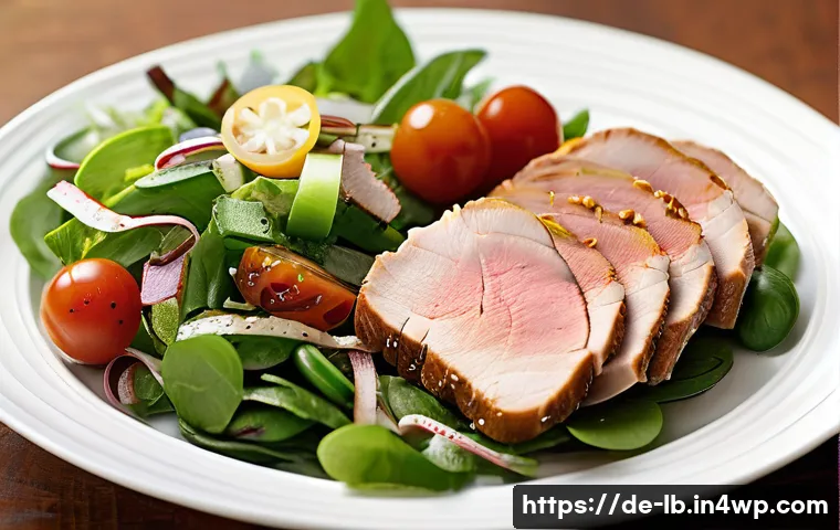 훈제 고기의 영양학적 장점 - **Prompt:** A beautifully composed close-up photograph of a balanced and nutritious meal featuring l...