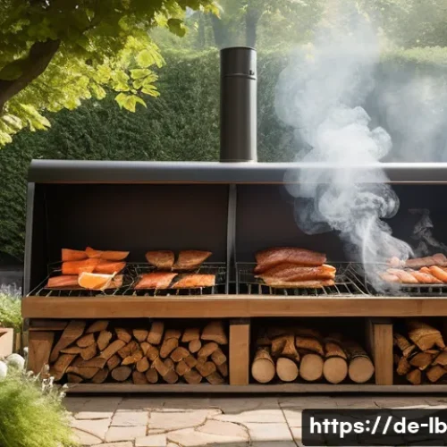 훈제 기법으로 만드는 건강식 요리 - A rustic German garden setting featuring a traditional wooden smoker made from natural beech wood, g...