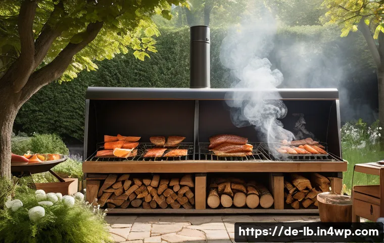 훈제 기법으로 만드는 건강식 요리 - A rustic German garden setting featuring a traditional wooden smoker made from natural beech wood, g...