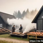 훈제 기법의 다양한 스타일 - A rustic German smokehouse scene showcasing traditional cold smoking of fish such as eel and salmon,...