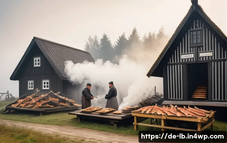 훈제 기법의 다양한 스타일 - A rustic German smokehouse scene showcasing traditional cold smoking of fish such as eel and salmon,...