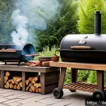 Home 22 훈제 기법의 재료 선택 법 - A cozy outdoor barbecue scene featuring a variety of natural smoking woods: chunks of beech, oak, an...