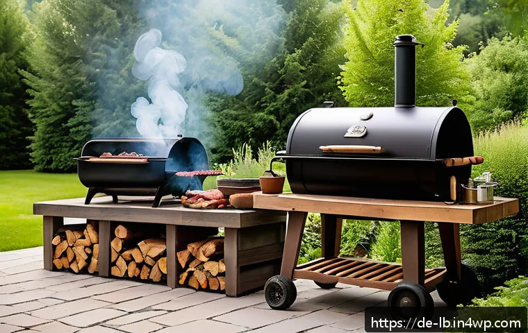 훈제 기법의 재료 선택 법 - A cozy outdoor barbecue scene featuring a variety of natural smoking woods: chunks of beech, oak, an...