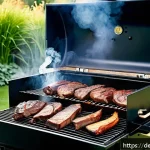 Home 20 디지털 온도계를 이용한 훈제 기법 - A detailed close-up scene of a traditional German backyard barbecue smoker setup during late afterno...