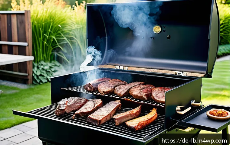 디지털 온도계를 이용한 훈제 기법 - A detailed close-up scene of a traditional German backyard barbecue smoker setup during late afterno...