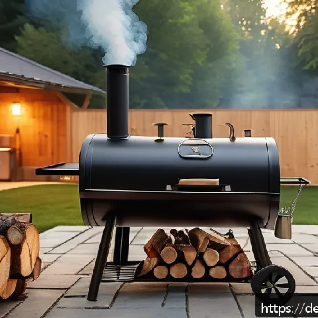훈제기와 그 종류 비교 - A traditional offset smoker in a rustic backyard setting during golden hour, crafted from thick stee...