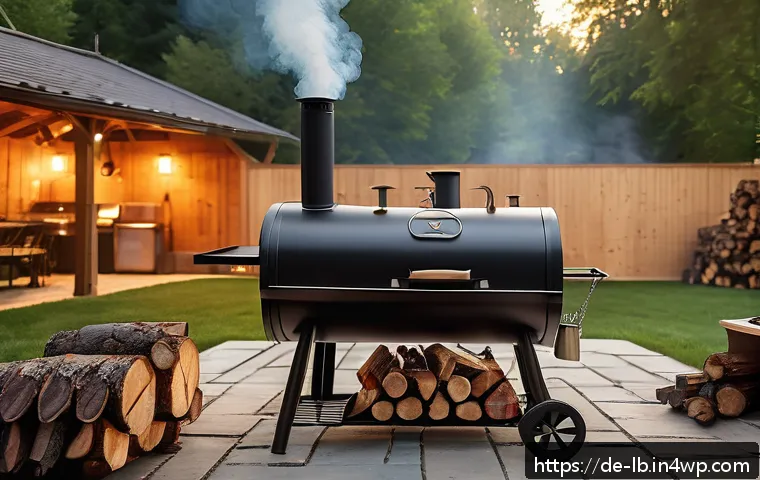 훈제기와 그 종류 비교 - A traditional offset smoker in a rustic backyard setting during golden hour, crafted from thick stee...