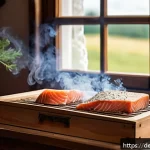 Home 18 훈제 기법과 식품 보존 원리 - A rustic German kitchen scene featuring a wooden cold smoking box on a wooden table, surrounded by f...