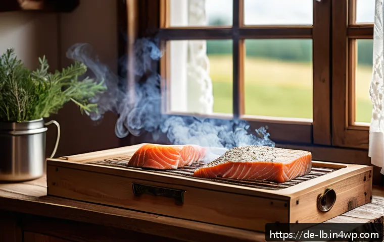 훈제 기법과 식품 보존 원리 - A rustic German kitchen scene featuring a wooden cold smoking box on a wooden table, surrounded by f...