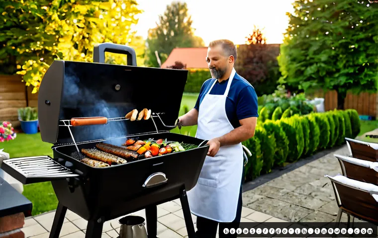훈제 기법의 다양한 경험 공유 - Photorealistic German backyard barbecue workshop, an adult home cook in a clean apron lifting the li...